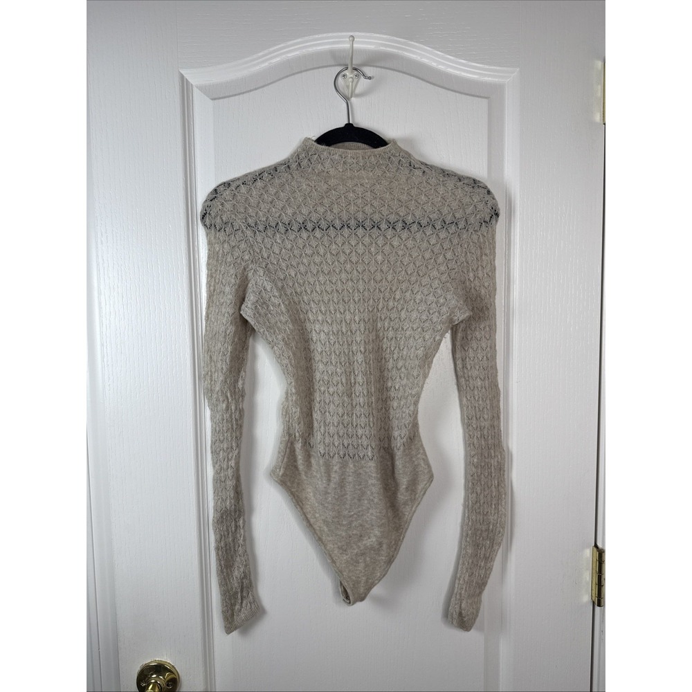 Abercrombie Fitch Womens M Merino Wool Blend Pointelle Bodysuit Mock Neck Tan